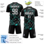 Trikotuniform Weiß-Aqua Benutzerdefinierte Fußballsublimation Schwarzer Blitz Trikotuniform Weiß-Aqua Benutzerdefinierte Fußballsublimation Schwarzer Blitz