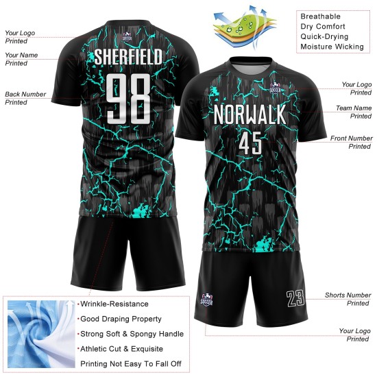 Trikotuniform Weiß-Aqua Benutzerdefinierte Fußballsublimation Schwarzer Blitz Trikotuniform Weiß-Aqua Benutzerdefinierte Fußballsublimation Schwarzer Blitz