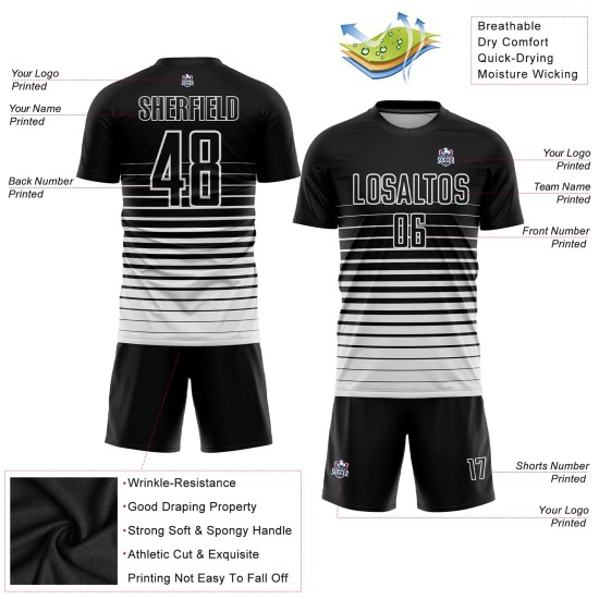 Verblassen Weiß Nadelstreifen Benutzerdefinierte Schwarz Uniform Sublimation Fußball Jersey Mode Verblassen Weiß Nadelstreifen Benutzerdefinierte Schwarz Uniform Sublimation Fußball Jersey Mode