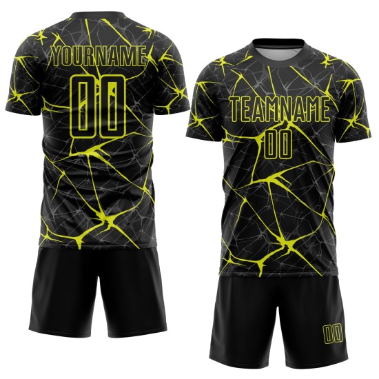 Gelbes Fußballuniform-Trikot, individuell, schwarz, Sublimation, Neon Gelbes Fußballuniform-Trikot, individuell, schwarz, Sublimation, Neon