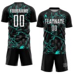 Trikotuniform Weiß-Aqua Benutzerdefinierte Fußballsublimation Schwarzer Blitz Trikotuniform Weiß-Aqua Benutzerdefinierte Fußballsublimation Schwarzer Blitz