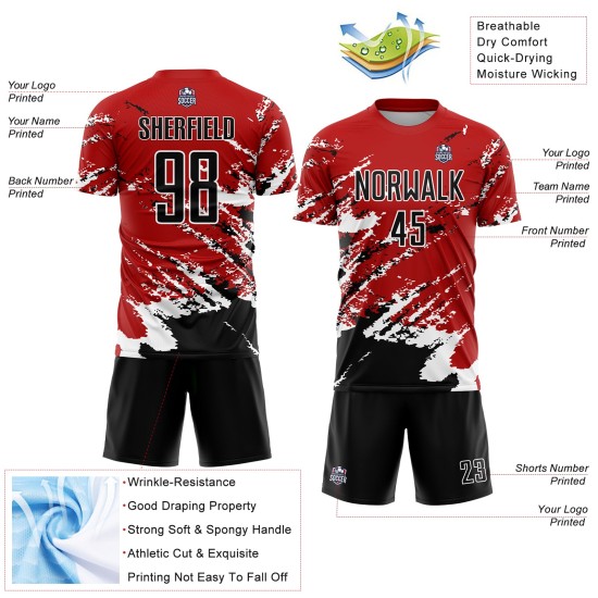 Sublimation Custom Abstrakte Fußball Uniform Rot Schwarz-Weiß Fragment Art Splash Jersey