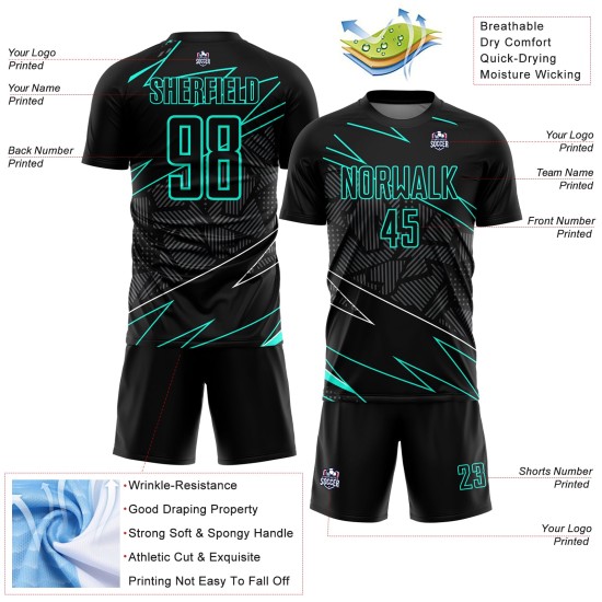 Jersey Uniform Sublimation Aqua Custom Schwarz Fußball Linien