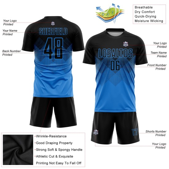 Benutzerdefinierte Sublimation Schwarz Fußball Pulver Jersey Uniform Blau