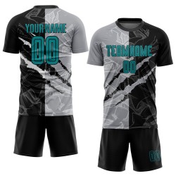 Muster Sublimation Teal Custom Graffiti Scratch Jersey Uniform Fußball Schwarz-Grau