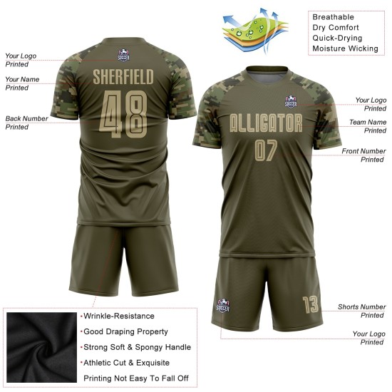 Sublimation zum Fußballdienst, benutzerdefiniertes Salute-Uniform-Trikot Vegas Gold-Camo Olive Sublimation zum Fußballdienst, benutzerdefiniertes Salute-Uniform-Trikot Vegas Gold-Camo Olive